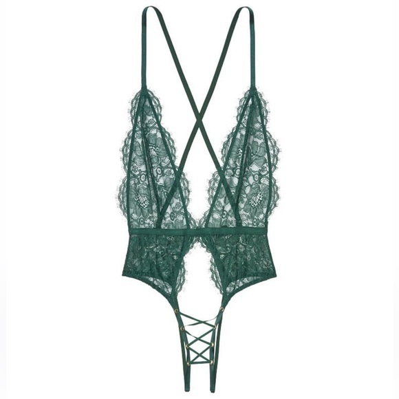 NWT Victorias Secret Green Lace Plunge Crotchless Lace Up Teddy | Size XXL - Picture 2 of 8